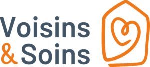 Voisins&Soins-logo-coul Logo for Voisins & Soins featuring a blue wordmark and an orange outline of a house with a heart motif on the right.
